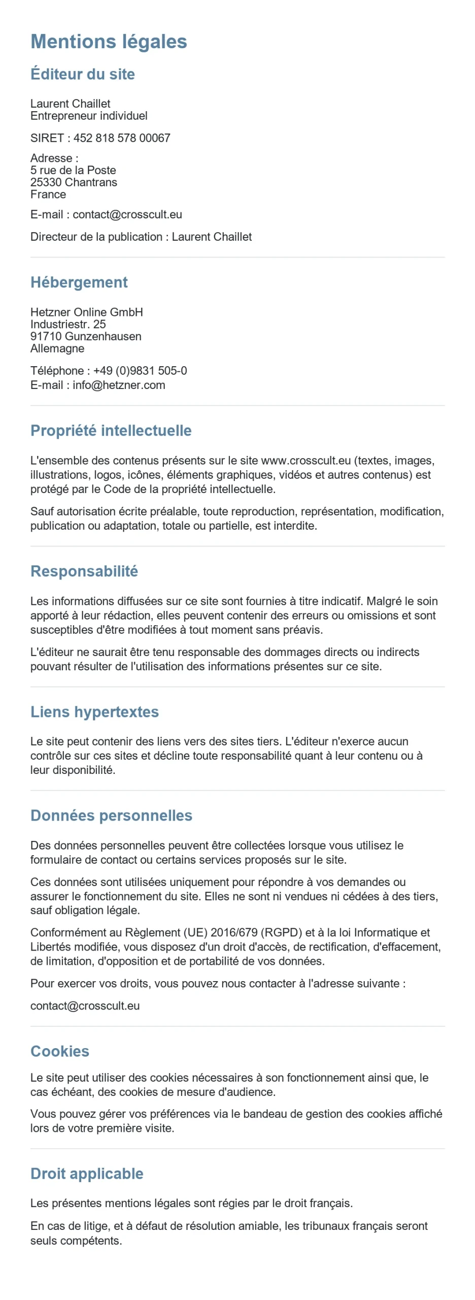 Mentions légales de crosscult.eu